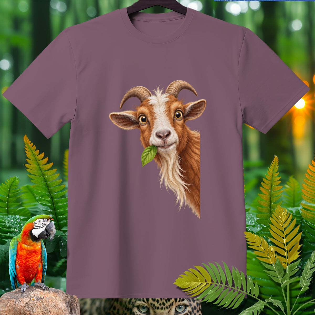 Brown and white goat with leaf in mouth on plum t-shirt, with parrot and leopard.