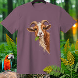 Brown and white goat with leaf in mouth on plum t-shirt, with parrot and leopard.