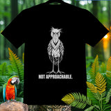 Black t-shirt with a shoebill stork graphic and text 