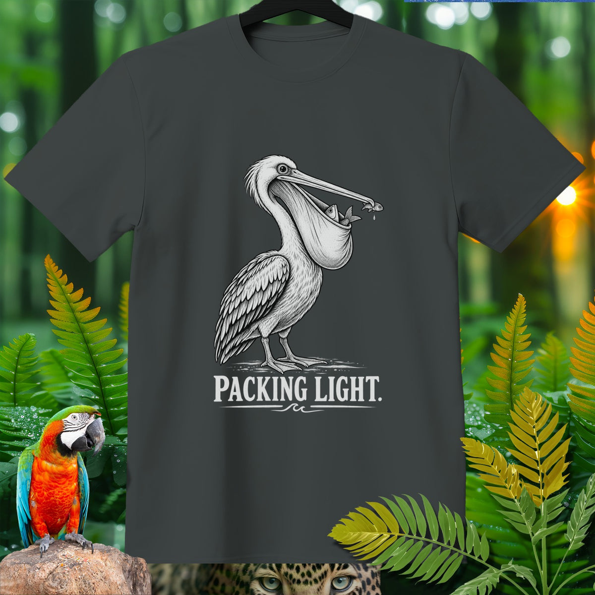 T-shirt with a pelican graphic holding fish in its pouch, text reads "PACKING LIGHT."