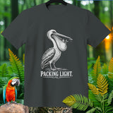 T-shirt with a pelican graphic holding fish in its pouch, text reads 
