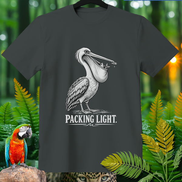 T-shirt with a pelican graphic holding fish in its pouch, text reads "PACKING LIGHT."