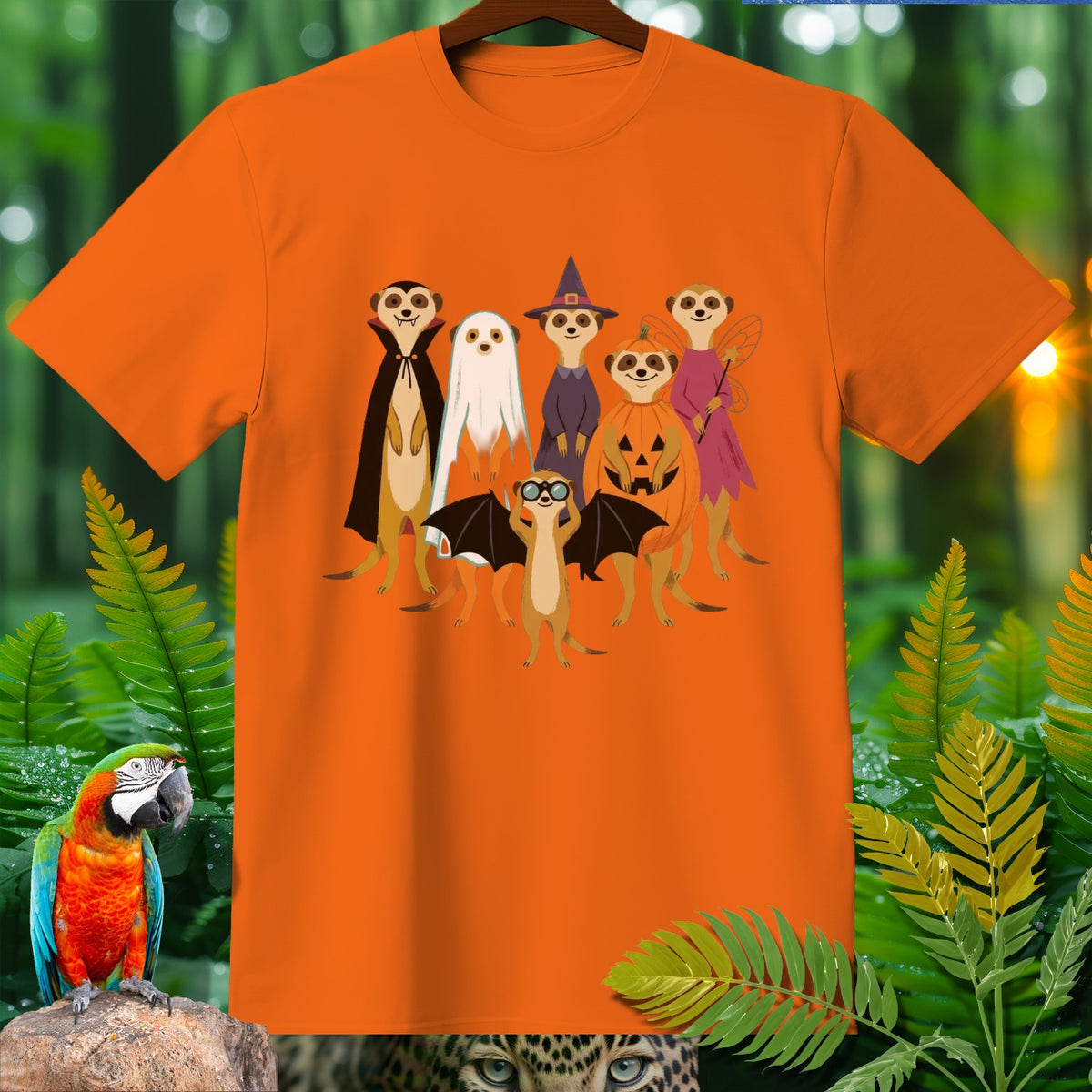 Six meerkats dressed in Halloween costumes, including a vampire, ghost, and fairy.