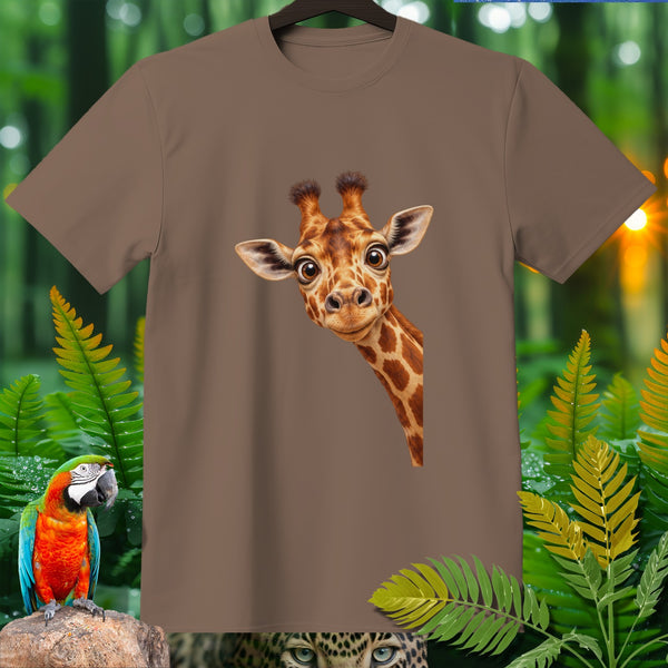 Brown t-shirt with a cartoon giraffe peeking from the side.