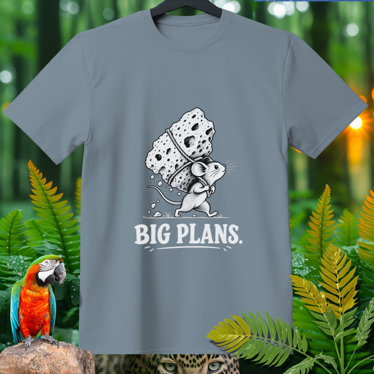 Gray t-shirt with a mouse carrying a large piece of cheese, text reads "BIG PLANS."