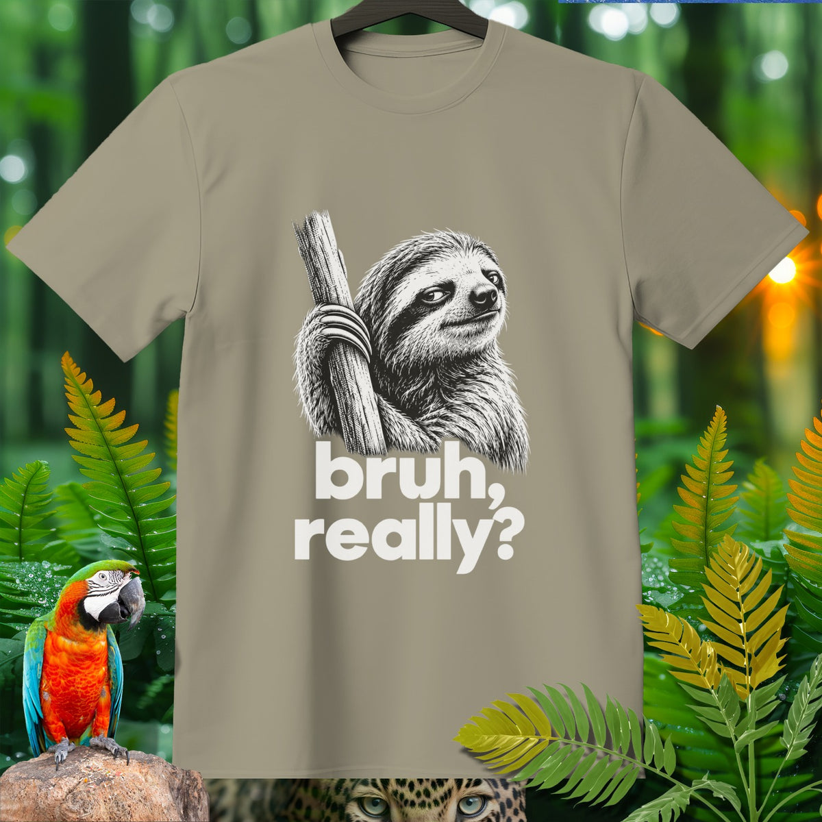 T-shirt with a sloth clinging to a branch and the text "bruh, really?".