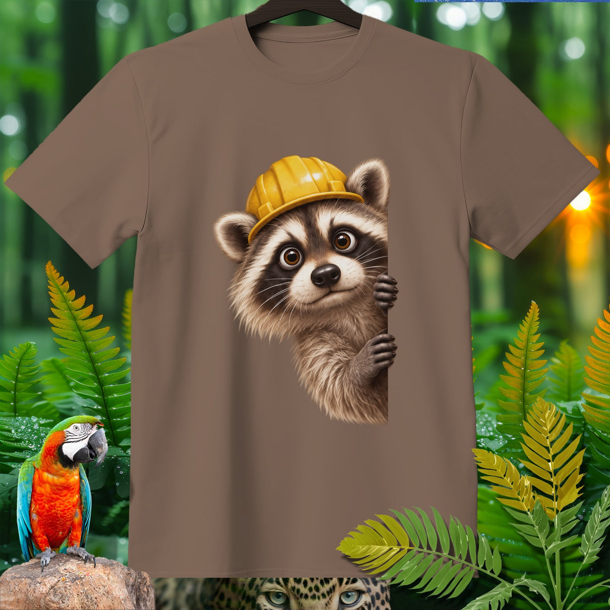 Brown t-shirt with a cartoon raccoon wearing a yellow hard hat.