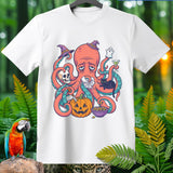 Sad octopus wearing witch hats with Halloween items and a black cat.