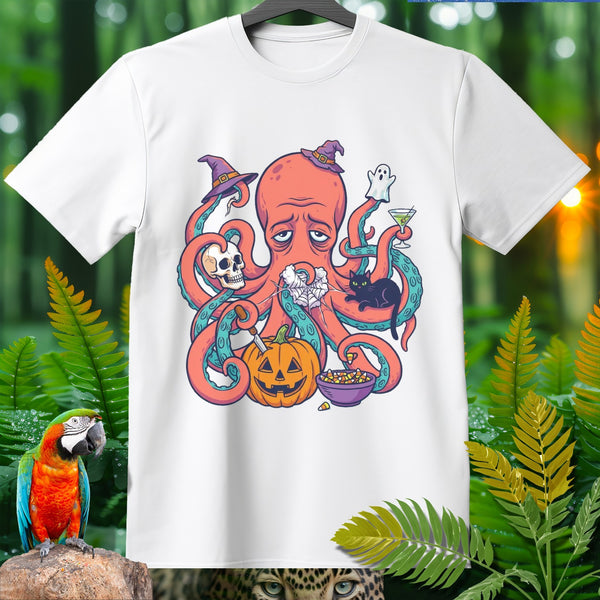 Sad octopus wearing witch hats with Halloween items and a black cat.