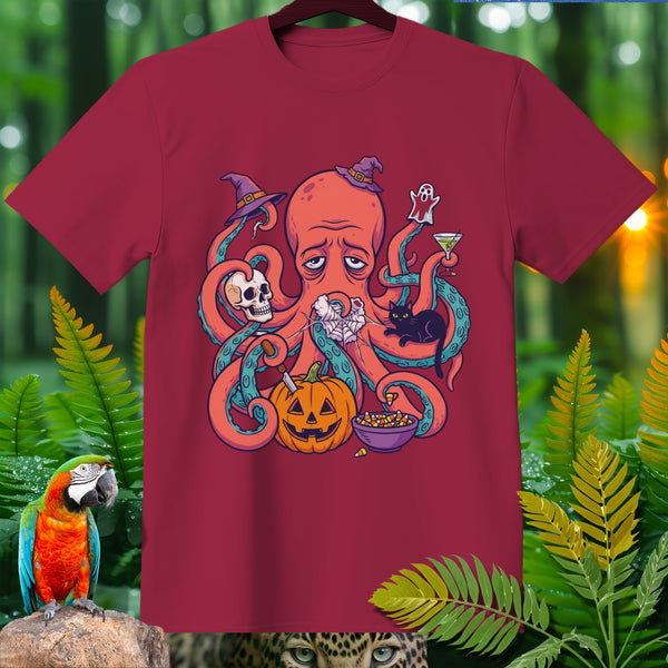 Sad octopus with Halloween decorations including pumpkin, skull, ghost, and candy.