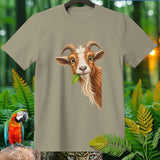 Tan t-shirt with a brown goat eating a leaf and a parrot on a log.
