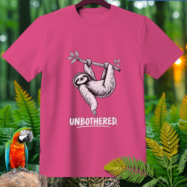 Pink t-shirt with sloth hanging from branch, text "UNBOTHERED."