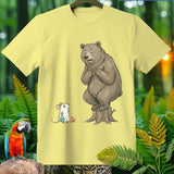 Bear on stump surprised by mouse in ghost costume with pumpkin.