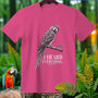 Pink t-shirt with a detailed parrot illustration and text "I HEARD EVERYTHING."