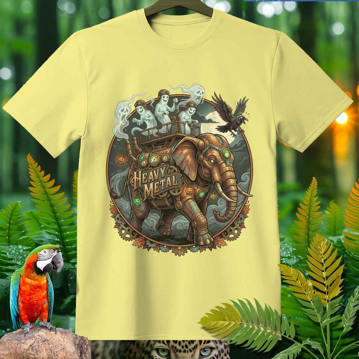 Steampunk elephant carrying ghosts, with "Heavy Metal" text and crow.
