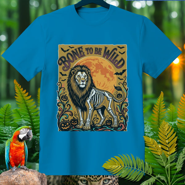Lion skeleton graphic with "Bone to be Wild" text, Halloween theme.