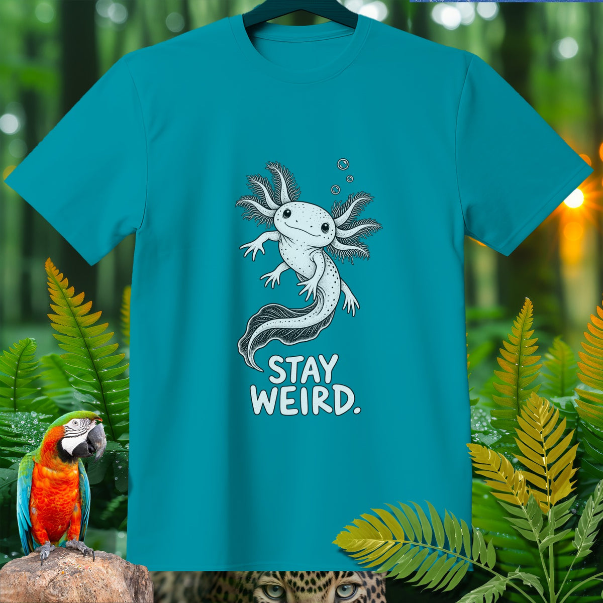 Teal t-shirt with cartoon axolotl and text "STAY WEIRD."