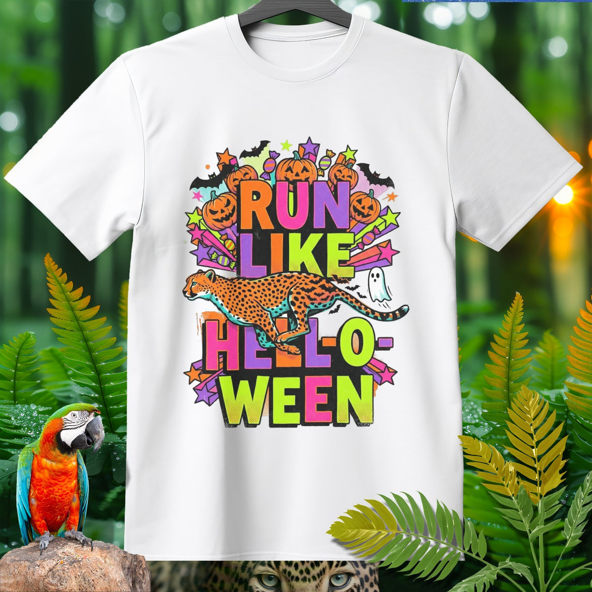 White t-shirt with "Run Like Helloween" text, a cheetah, and Halloween graphics.