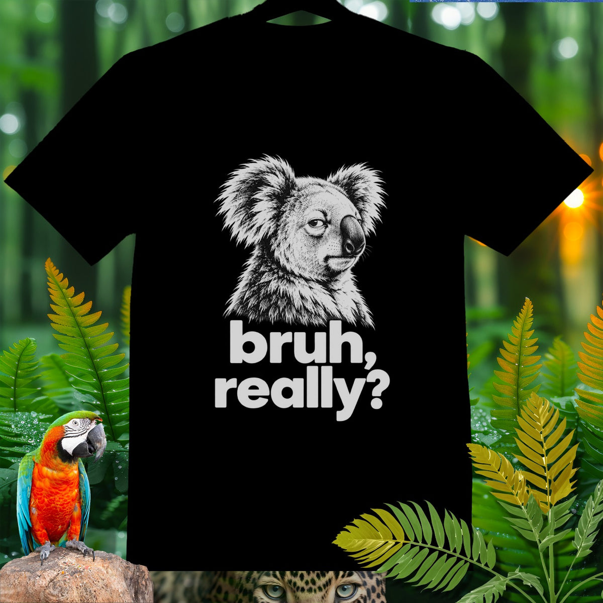 Black t-shirt with a koala graphic and "bruh, really?" text.