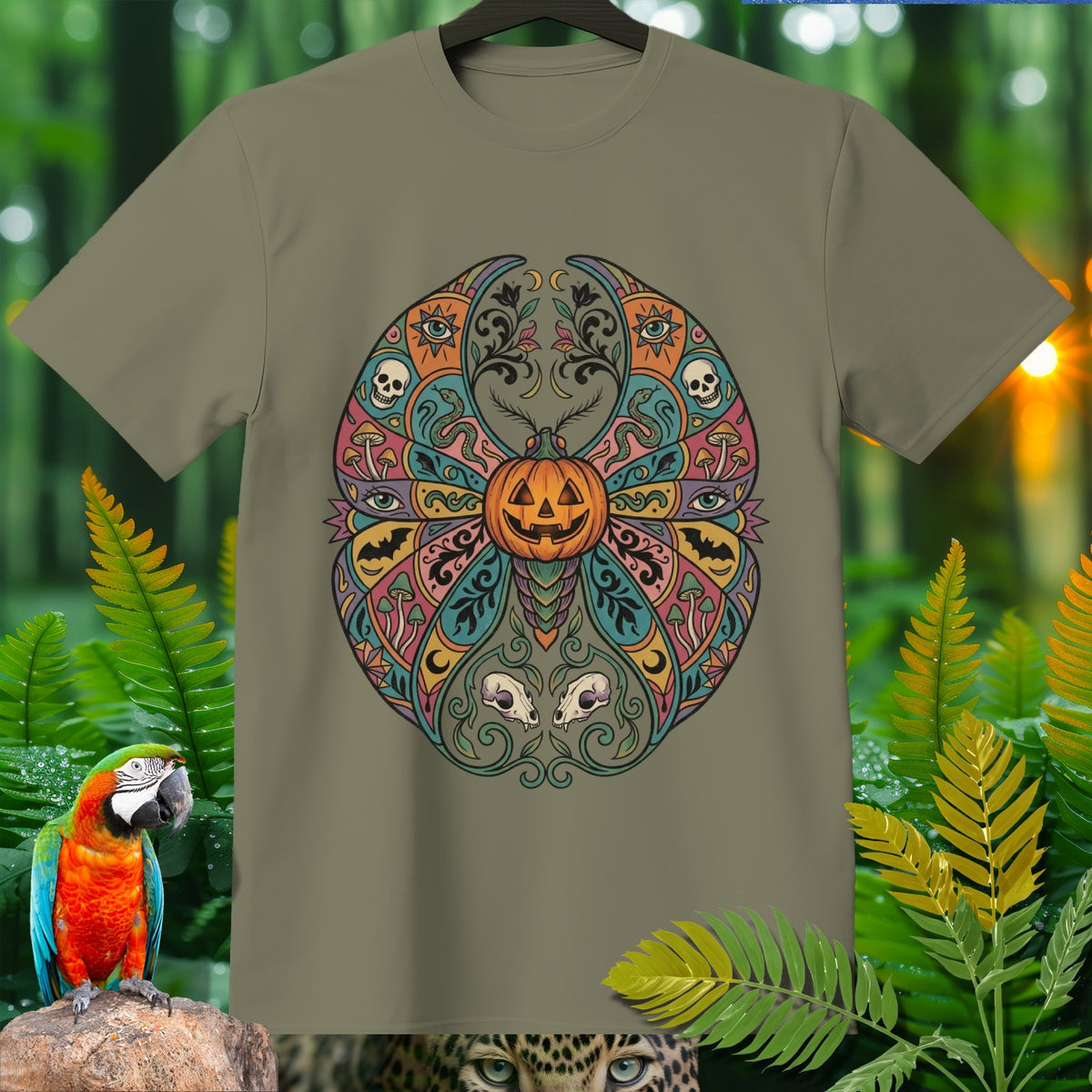 Olive green t-shirt with a colorful mandala design featuring a pumpkin, skulls, and eyes.