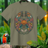 Olive green t-shirt with a colorful mandala design featuring a pumpkin, skulls, and eyes.