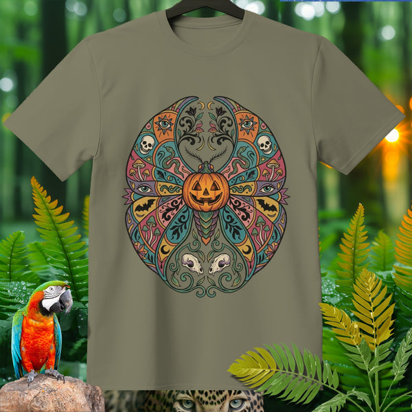Olive green t-shirt with a colorful mandala design featuring a pumpkin, skulls, and eyes.