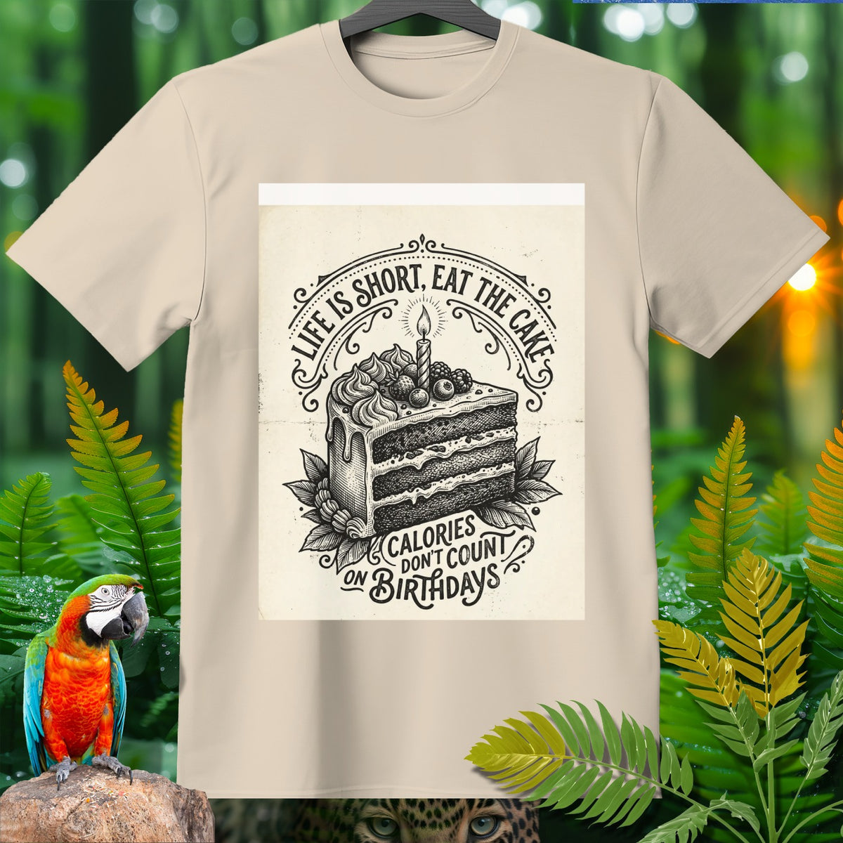 T-shirt with a vintage-style graphic of a slice of cake and text.