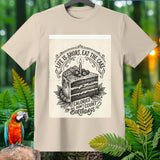 T-shirt with a vintage-style graphic of a slice of cake and text.