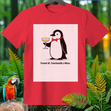 Red t-shirt featuring a penguin with a bowtie holding a drink and the text 