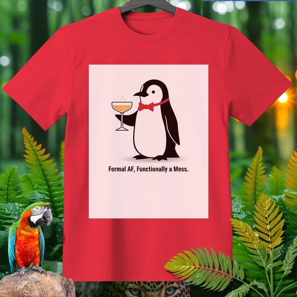 Red t-shirt featuring a penguin with a bowtie holding a drink and the text "Formal AF, Functionally a Mess."