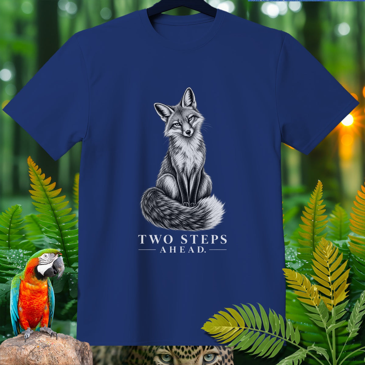 Blue t-shirt with grayscale fox graphic and "TWO STEPS AHEAD." text.