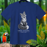 Blue t-shirt with grayscale fox graphic and 