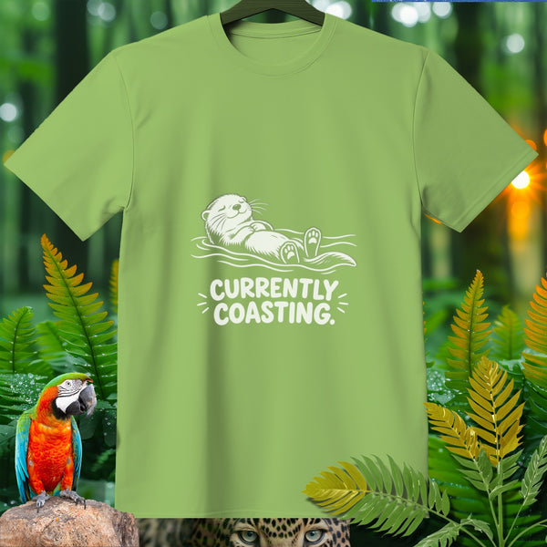 Light green t-shirt with white graphic of otter floating and text "Currently Coasting."