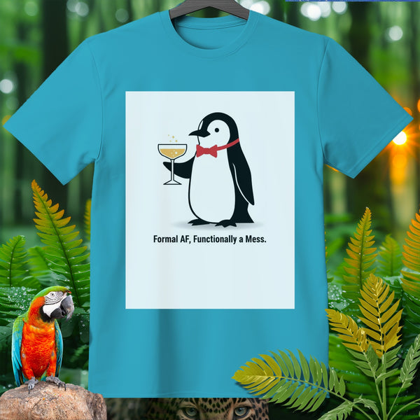 An illustrated penguin in a bowtie holds a champagne glass with text "Formal AF, Functionally a Mess."