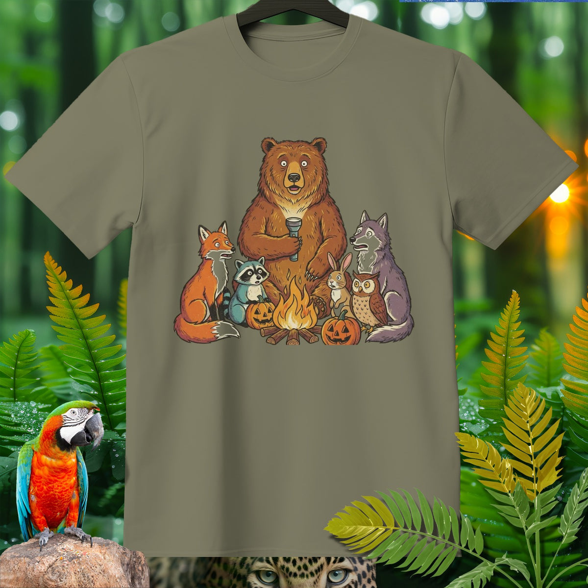 Bear, fox, raccoon, wolf, rabbit, and owl sitting by a campfire with pumpkins.
