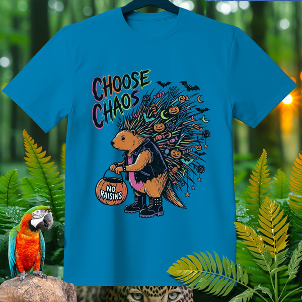 Turquoise t-shirt with a porcupine graphic holding a "No Raisins" pumpkin, with "Choose Chaos" text.