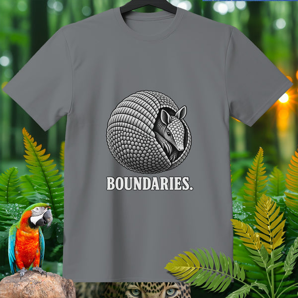 Grey t-shirt with an armadillo design and the text "BOUNDARIES."
