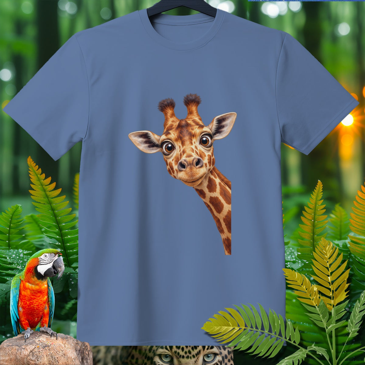 Blue t-shirt with a cartoon giraffe peeking from the right side.