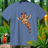 Blue t-shirt with a cartoon giraffe peeking from the right side.