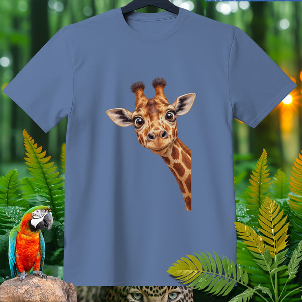 Blue t-shirt with a cartoon giraffe peeking from the right side.