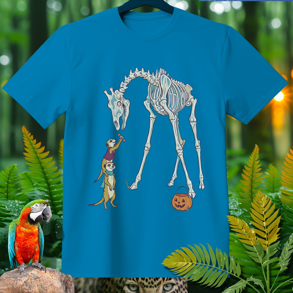Meerkats dress as a giraffe skeleton, holding a candy bucket and trick-or-treating.