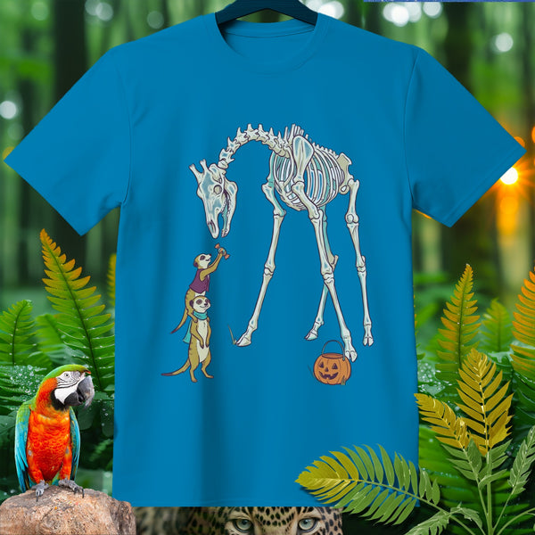 Meerkats dress as a giraffe skeleton, holding a candy bucket and trick-or-treating.