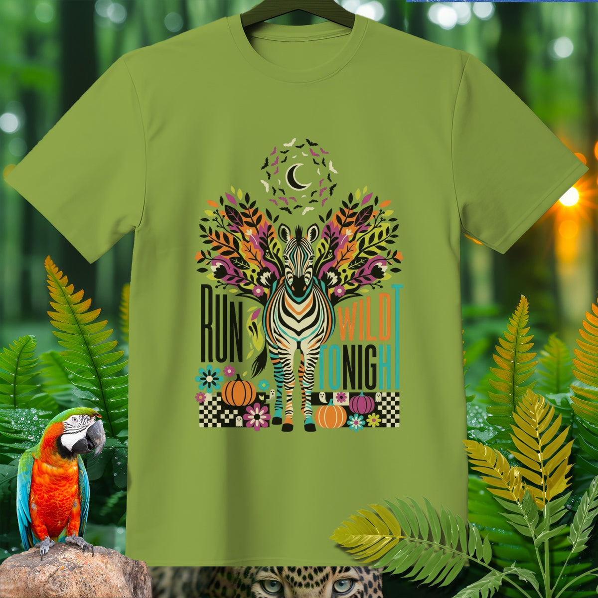 Green t-shirt with a psychedelic zebra, moon, bats, pumpkins, and text "RUN WILD TONIGHT".