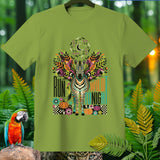 Green t-shirt with a psychedelic zebra, moon, bats, pumpkins, and text 