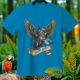 Steampunk owl with wings spread, banner reads 
