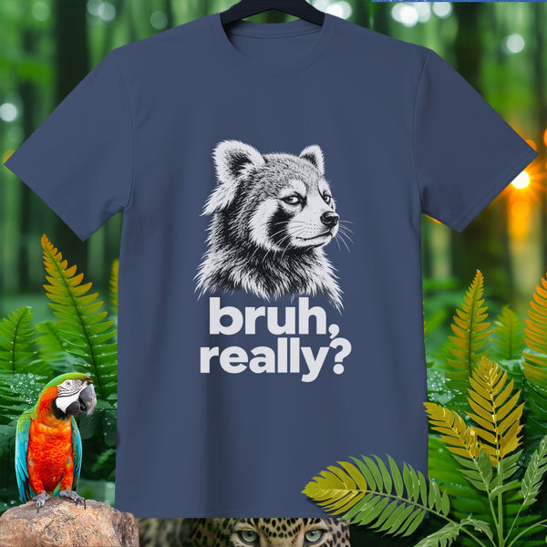 Navy t-shirt with a sketch of a red panda and text "bruh, really?".