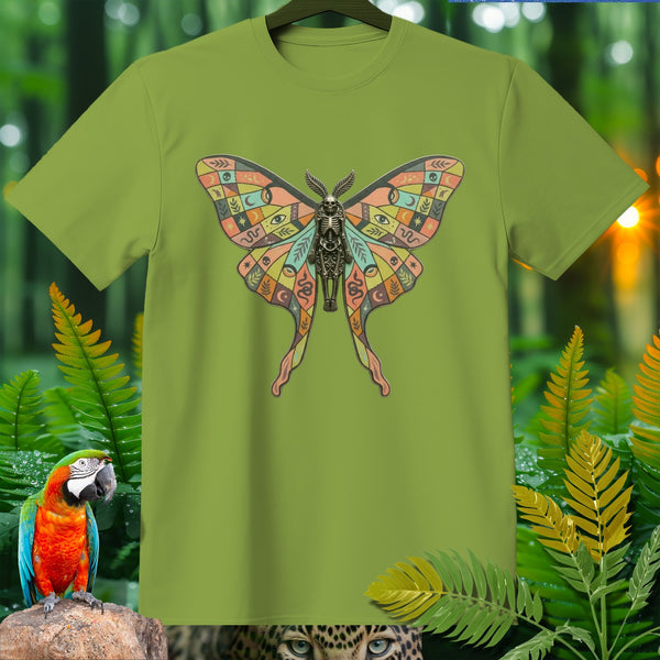 Green t-shirt with a skeleton-bodied moth graphic featuring intricate tribal wing patterns.