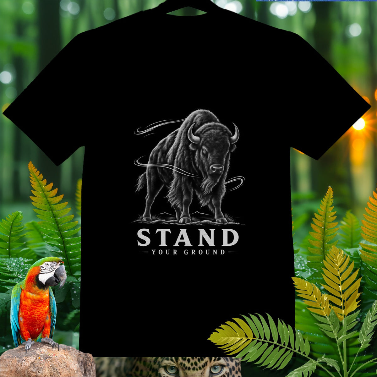 Black t-shirt with bison graphic and "Stand Your Ground" text.