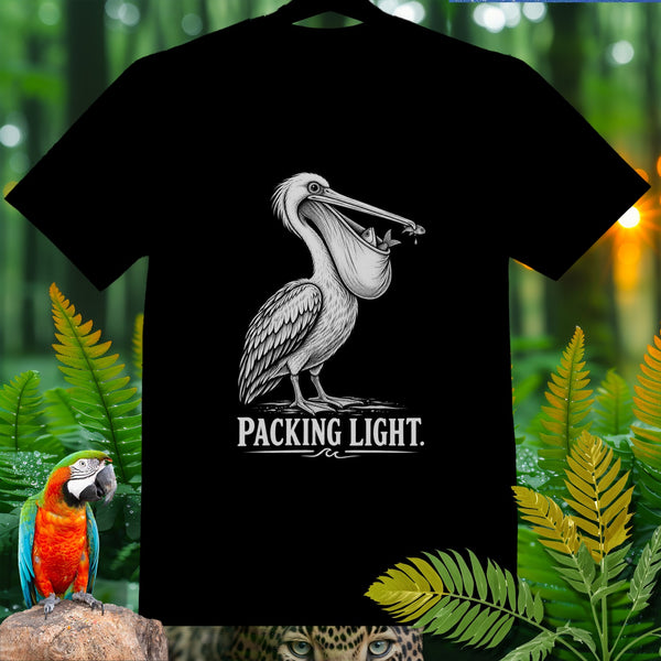Black t-shirt with graphic of a pelican holding fish, text "PACKING LIGHT."