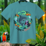 Teal t-shirt with a Halloween-themed graphic of a shark and vampire, text 